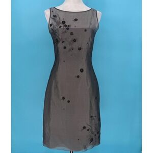 Phoebe Y2K 100% Silk Charcoal Grey Floral Embroidered Sheath Dress Size 2